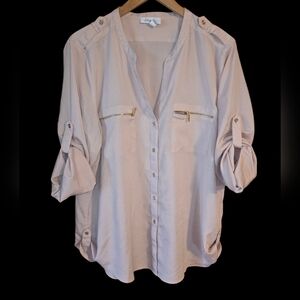 Calvin Klein Cream 3/4 Sleeve Notched Collar Blouse